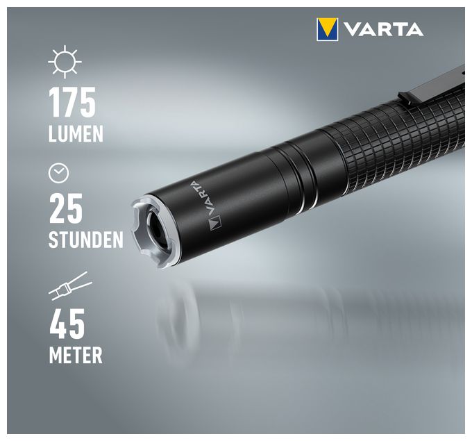 Aluminium F10 Pro LED Taschenlampe (inkl. 2x Longlife Power AAA Batterien für den täglichen Gebrauch, 175 Lumen, stoßfest, 3 Jahre Garantie) schwarz für Haushalt, Camping, Outdoor 
