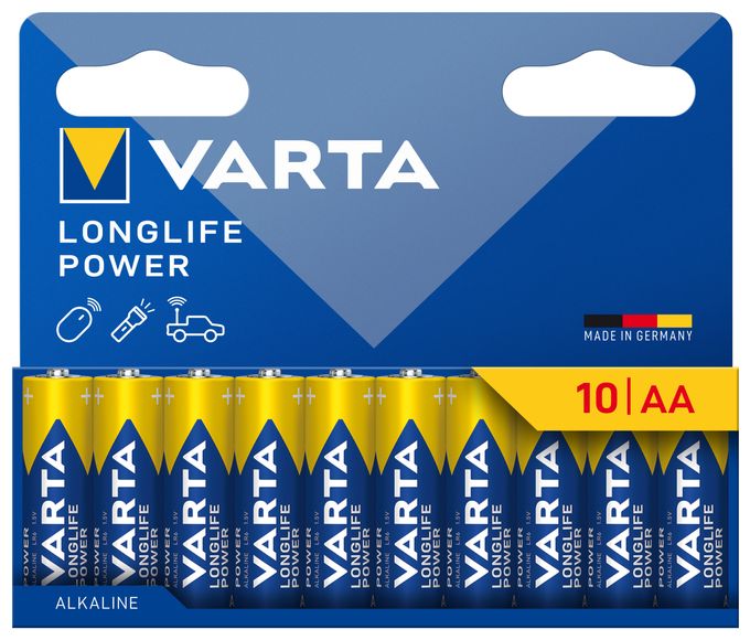 Batterien AA, 10 Stück, Longlife Power, Alkaline, 1,5V, ideal für Spielzeug, Funkmaus, Taschenlampen, Verpackung zu 90% recycelt, Made in Germany 