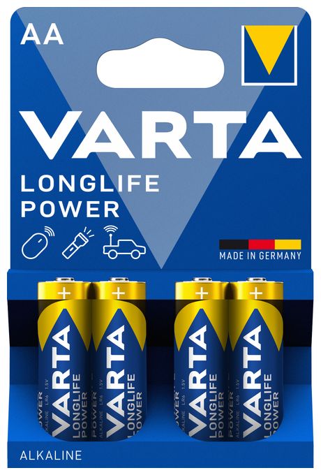 Batterien AA, 4 Stück, Longlife Power, Alkaline, 1,5V, ideal für Spielzeug, Funkmaus, Taschenlampen, Made in Germany 