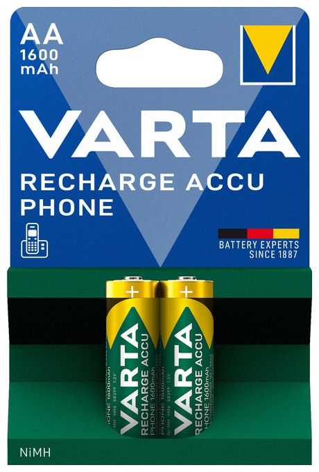 Batterien AA, wiederaufladbar, 2 Stück, Recharge Accu Phone, Akku, 1600 mAh Ni-MH, sofort einsatzbereit, geeignet für schnurlose Telefone 