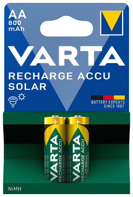 Batterien AA, wiederaufladbar, 2 Stück, Recharge Accu Solar, Akku, 800 mAh Ni-MH, sofort einsatzbereit, für Solar-Gartenleuchten entwickelt 