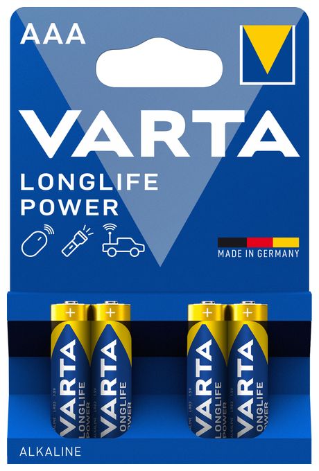 Batterien AAA, 4 Stück, Longlife Power, Alkaline, 1,5V, ideal für Spielzeug, Funkmaus, Taschenlampen, Made in Germany 