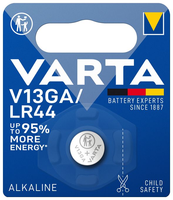 Batterien V13GA/LR44 Knopfzelle, 1 Stück, Alkaline Special, 1,5V, kindersichere Verpackung, für Spielsachen, Taschenrechner, Messgeräte 