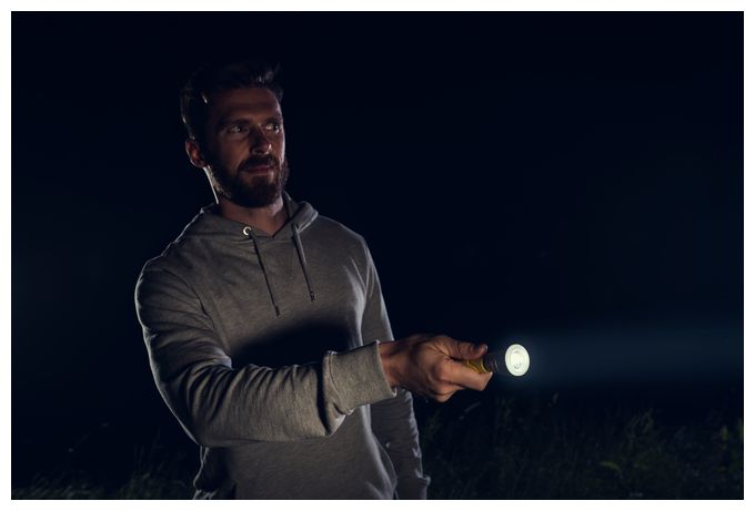 Taschenlampe LED inkl. 2x AA Batterien, Outdoor Sports F20, Leuchte, Lampe mit zwei Leuchtmodi, Taschenleuchte mit gummiertem Griff, sehr robust, gelb 
