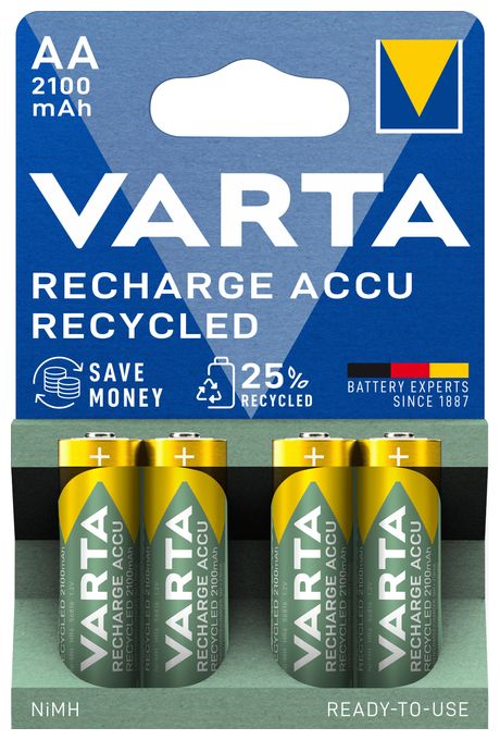Recharge Accu Recycled AA 2100 mAh 4er-Pack (vorbeladener NiMH-Akku, Mignon, 25 % recyceltes Material, wiederaufladbarer Akku, sofort einsatzbereit) 