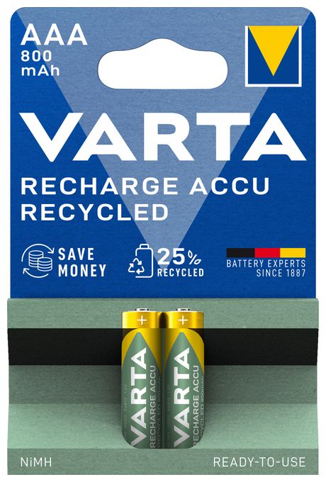 Recharge Accu Recycled AAA 800 mAh 2er-Pack (vorgeladener NiMH-Akku, Micro, 25 % recyceltes Material, wiederaufladbarer Akku, sofort einsatzbereit) 