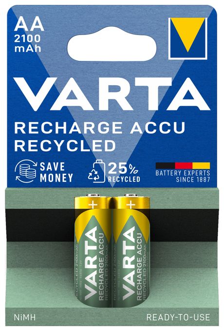 Recharge Accu Recycled AA 2100 mAh 2er-Pack (vorbeladener NiMH-Akku, Mignon, 25 % recycelte Materialien, wiederaufladbarer Akku, sofort einsatzbereit) 