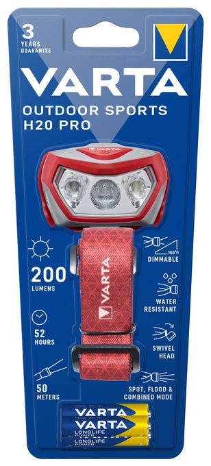 Stirnlampe LED inkl. 3x AAA Batterien Kopflampe, Outdoor Sports H20 Pro, drei Leuchtmodi, spritzwassergeschützt, Dimmfunktion, mit schwenkbarem Kopf, rot 