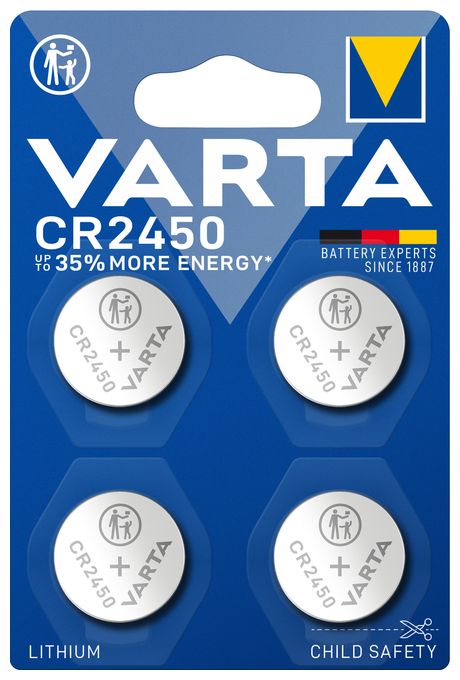 VARTA Batterien Knopfzelle CR2450, 4 Stück, Lithium Coin, 3V, kindersichere Verpackung, für elektronische Kleingeräte 