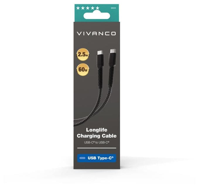 Stecker Rundkabel USB C auf USB C bis 60 W 2,5 m  63640 (Schwarz) 