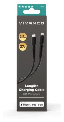 Stecker Rundkabel USB C auf Lightning bis 30 W 2,5 m  63642 (Schwarz) 