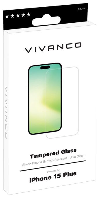 Klare Bildschirmschutzfolie gehärtetes Glas 9H für  Apple iPhone 15 Plus Schmutzabweisend, Schlagfest, Kratzresistent, Splitterfrei 63940 