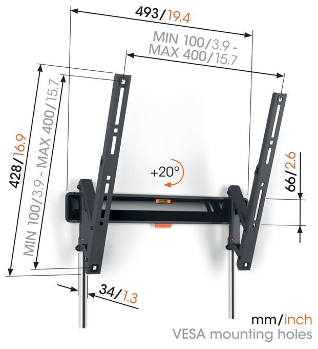 Wand Halterung bis 165,1 cm (65") 25 kg 0 - 20° neigbar TVM 3415 neigbare 
