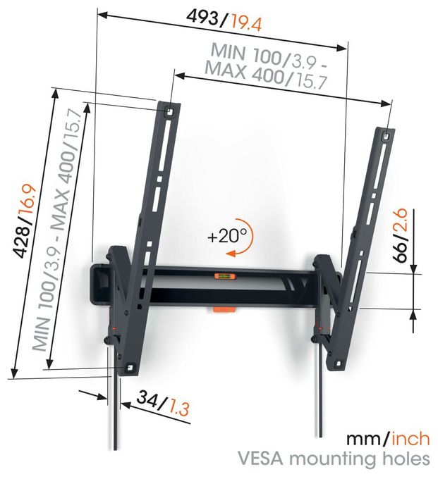 Wandhalterung bis 165,1 cm (65") 25 kg 0 bis 20° neigbar  TVM3415 neigbare (Schwarz) 