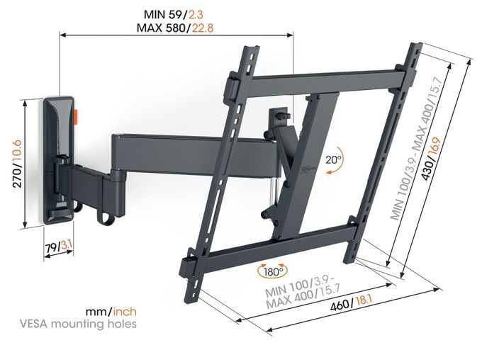 Wand Halterung 180° bis 165,1 cm (65") 25 kg 0 - 20° neigbar TVM3445 