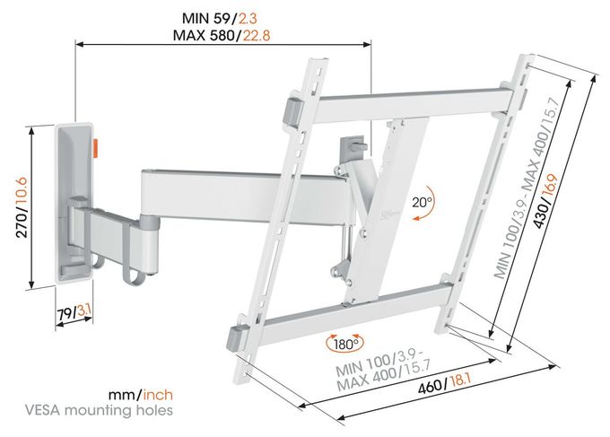 Wand Halterung 180° bis 165,1 cm (65") 25 kg 0 - 20° neigbar TVM3445 schwenkbare 