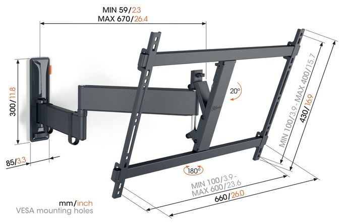 Wand Halterung 180° bis 195,6 cm (77") 35 kg 0 - 20° neigbar TVM3645 schwenkbare 