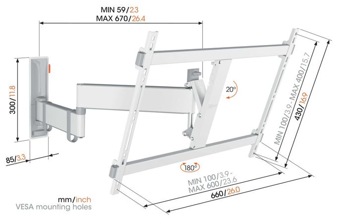 Wand Halterung 180° bis 195,6 cm (77") 35 kg 0 - 20° neigbar TVM3645 schwenkbare 
