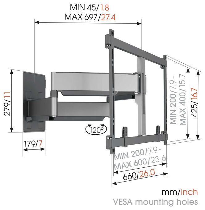 Wand Halterung 120° bis 2,54 m (100") 75 kg TVM5855 Schwenkbare 