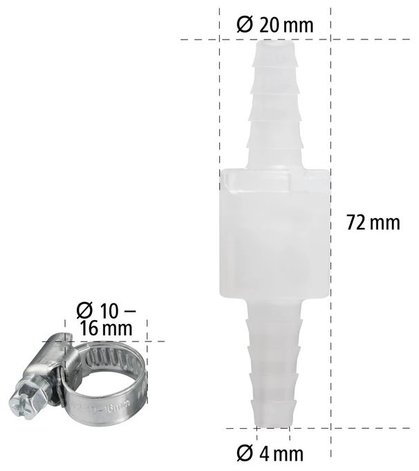 220733 Rückschlagventil mit 2 Schlauchschellen (für Ablaufschläuche bis 10 mm Durchmesser) 