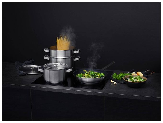 (Schwarz, Edelstahl) A4SS Kochgeschirr-Set aus Fettpfanne 28 cm + 2 Töpfen 20 cm und 24 cm + Edelstahlsieb 