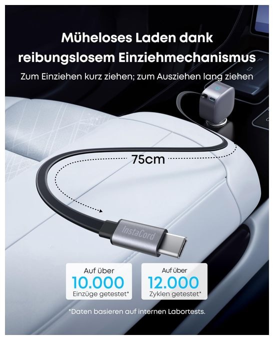 Nano Kfz-Ladegerät (75W, USB-C Port, Integriertes einziehbares USB-C Kabel) 