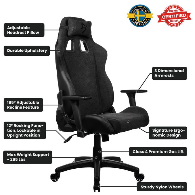 Gamingstuhl bis 120 kg (Dunkelgrau) Avanti Soft Fabric 