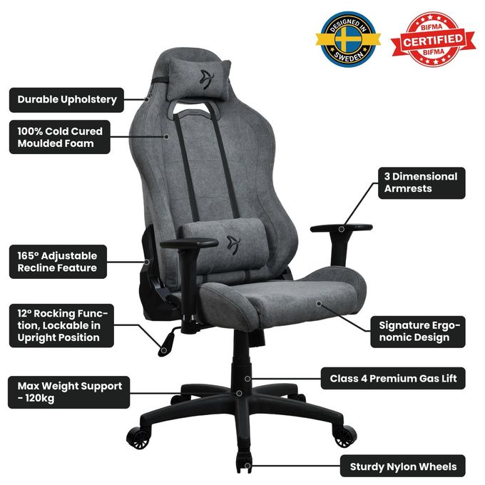 Gamingstuhl bis 120 kg (Grau) Torretta Soft Fabric 