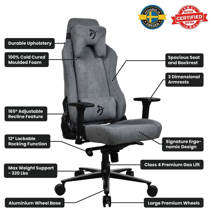 Gamingstuhl bis 145 kg (Grau) Vernazza Soft Fabric 