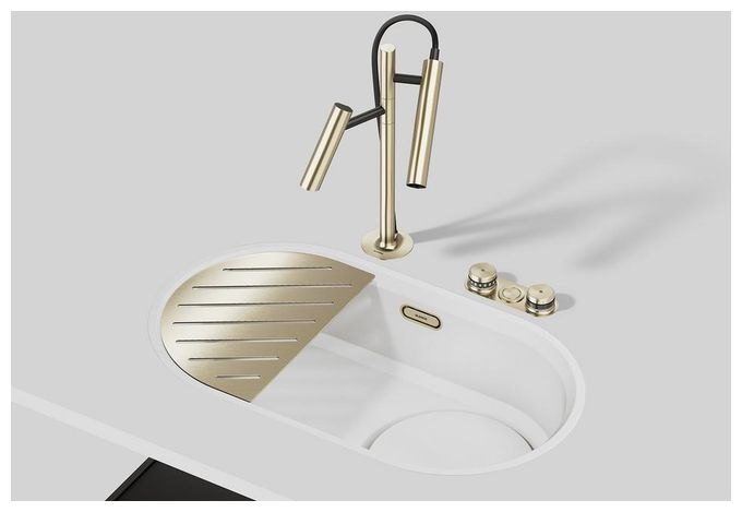 Granit 1 Becken  OOVALON 700-IF Flächenbündige Spüle für 80 cm Unterschrank (Weiß) 