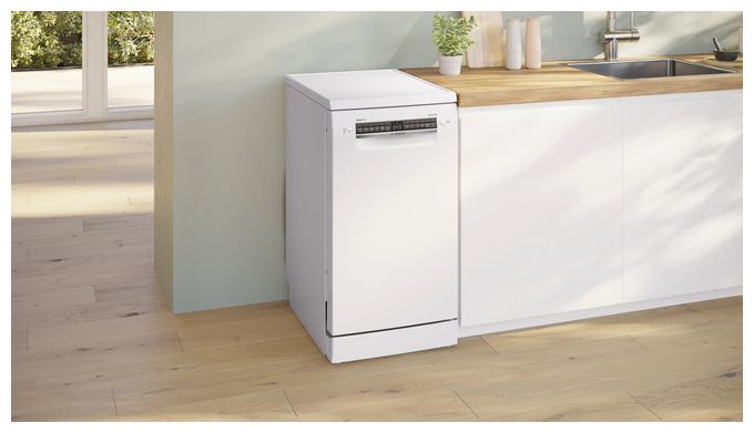 45 cm Geschirrspüler freistehend leise 10 Maßgedecke aquaStop Funktion Wärmetauscher (Weiß) Serie 4 SPS4HMW13E 