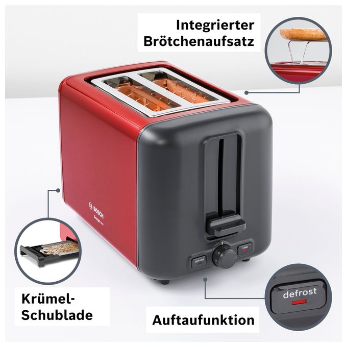 Toaster 970 W 2 Scheibe(n)  TAT3P424DE DesignLine (Schwarz, Rot) 
