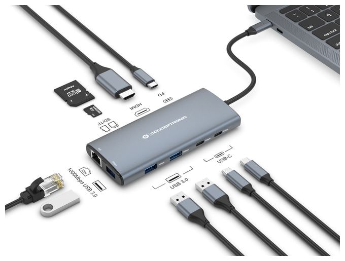 DONN06G 10-in-1 USB 3.2 Gen 1 Dockingstation, HDMI, 100W USB PD, USB-C 5Gbps x 2, USB-A 5Gbps x 3, SD, TF/MicroSD, GbE 