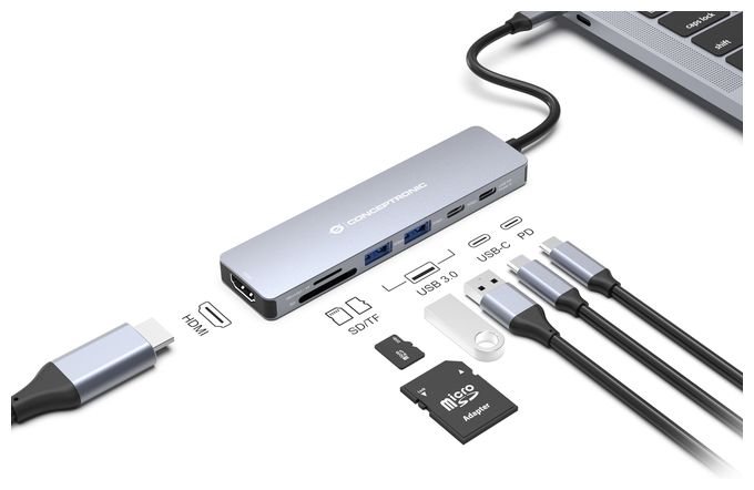 DONN28G 7-in-1 USB 3.2 Gen 1 Dockingstation, 4K60Hz HDMI, USB-A 5Gbps x 2, USB-C 5Gbps, SD, TF/MicroSD, 100W USB PD 