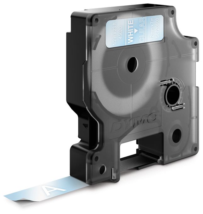 DYMO Original D1-Etikettenband | weiß auf transparent | 12 mm x 7 m | selbstklebendes Schriftband | für LabelManager-Beschriftungsgerät 