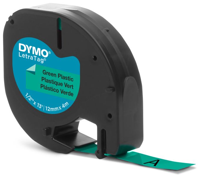 DYMO Original LetraTag Etikettenband | schwarz auf grün | 12 mm x 4 m | selbstklebendes Kunststoffetiketten | für LetraTag-Beschriftungsgerät 