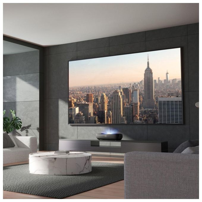 UHD 4K (3840x2160) DLP Laser Ultra-Short-Throw-Projektor 3000 ANSI Lumen (Schwarz, Dunkles Grau) 100L9HD 4K Laser TV inkl. Soft Daylight Screen 2,54 m (100 Zoll) 
