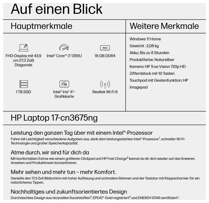 Full HD Notebook 43,9 cm (17.3 Zoll) 1920 x 1080 Pixel 1 TB SSD Windows 11 Home Intel® Core™ i7 max. 5 GHz  17-cn3675ng (Silber) 