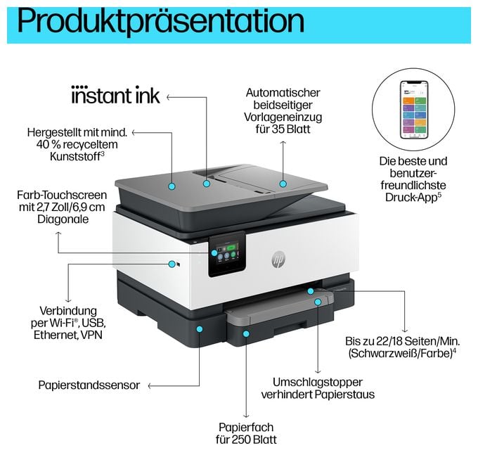 All in One A4 Thermal Inkjet Drucker 4800 x 1200 DPI OfficeJet Pro 9120e 