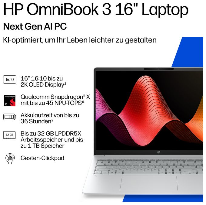 2K Ultra HD Notebook 40,6 cm (16 Zoll) 1920 x 1200 Pixel 512 GB SSD Windows 11 Home Qualcomm Snapdragon max. 2,97 GHz  OmniBook 3 16-bz0610ng (Grau, Silber) 