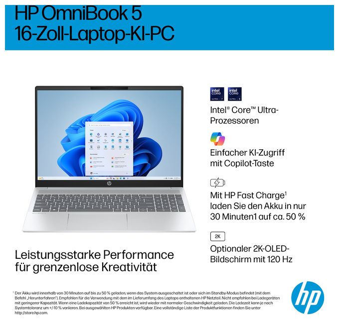 2K Ultra HD Notebook 40,6 cm (16 Zoll) 1920 x 1200 Pixel 1 TB SSD Windows 11 Home Intel Core Ultra 5 max. 4,8 GHz  OmniBook 5 16-af1655ng (Silber) 