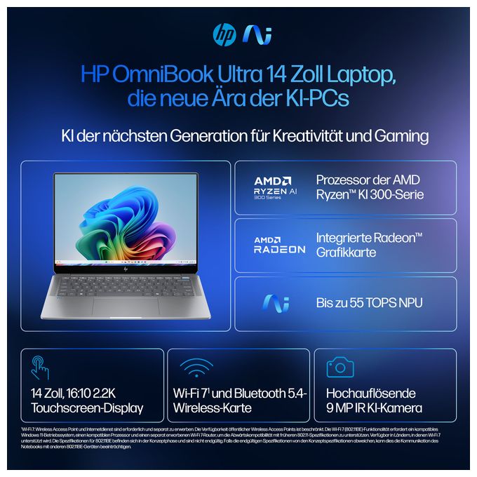 2K Ultra HD Notebook 35,6 cm (14 Zoll) 2240 x 1400 Pixel 1 TB SSD Windows 11 Home AMD Ryzen 9 max. 5 GHz  OmniBook Ultra 14-fd0094ng (Silber) 