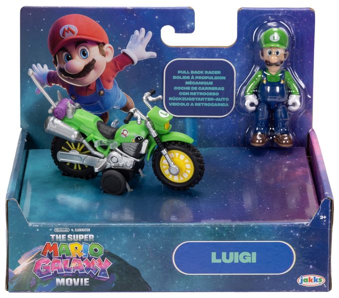 Die Super Mario Galaxy Film-Actionfigur Luigi mit Motorrad (2,5" / 6,35 cm), offiziell lizenziert von Jakks Pacific, 9 Bewegungspunkte, detailreiches Design, zurückziehen und losfahren lassen! Ab 3 Jahren 