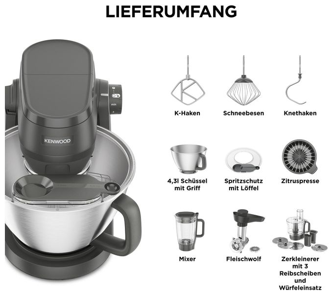 1000 W Küchenmaschine 4,3 l  KHC30.070GY Multi Tasker (Edelstahl, Grau) 