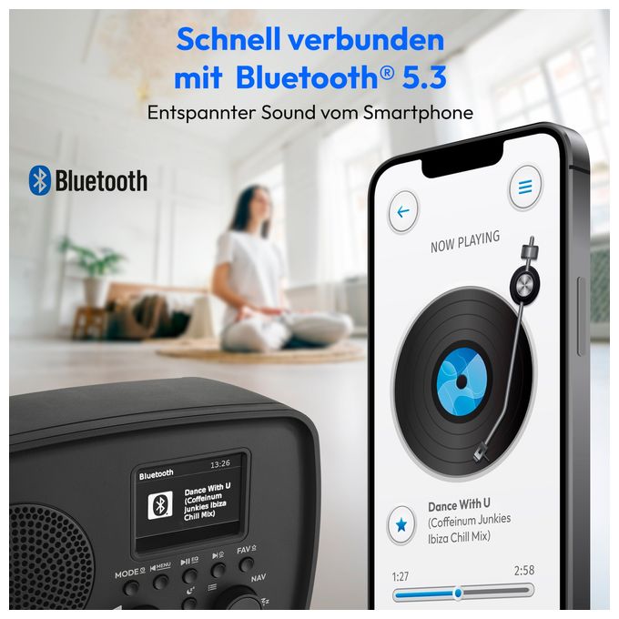Bluetooth DAB+, UKW, FM Radio Persönlich Wasserfest IPX1  Life DRE-1 (Schwarz) 
