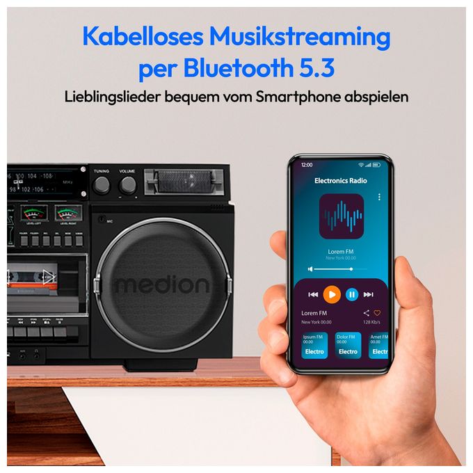 DAB+, FM, PLL 20 W Bluetooth  Life P66538 Retro Boombox (Schwarz) 