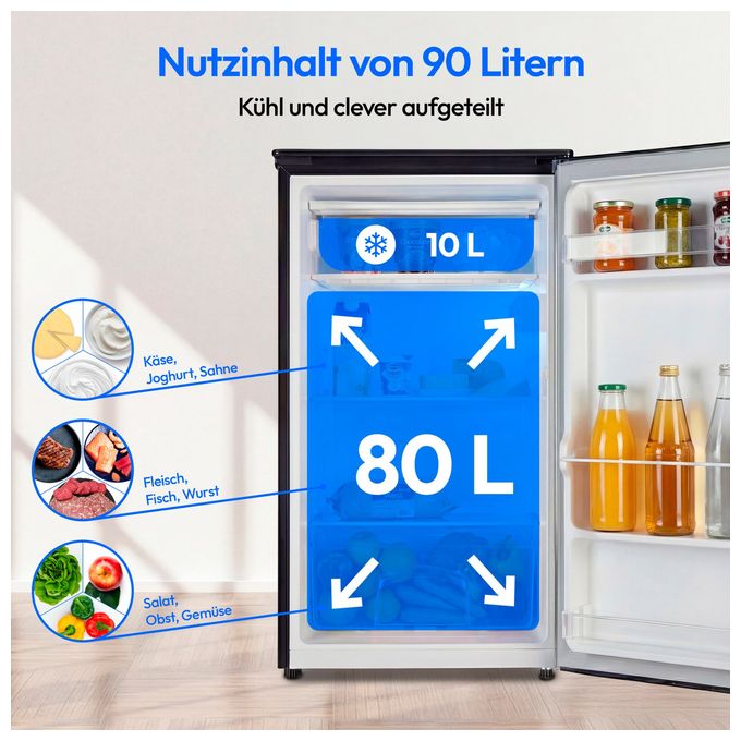 90 l / 80 l Tischkühlschrank EEK: E 85 kWh Jahr  MD37690 (Schwarz) 