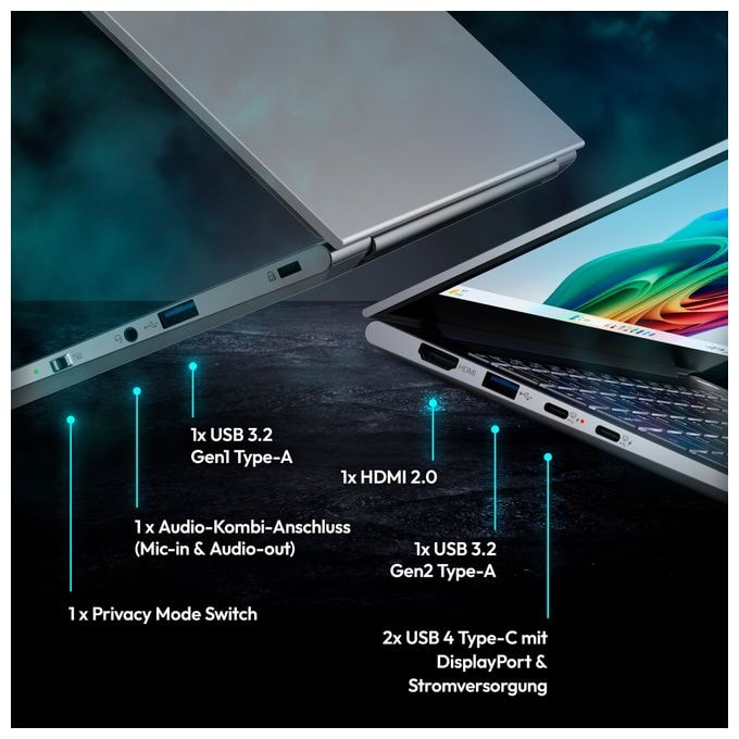 WQXGA+ Notebook 35,6 cm (14 Zoll) 2880 x 1800 Pixel 512 GB SSD Windows 11 Home Intel Core Ultra 5 max. 4,5 GHz  SPRCHRGD 14 S2 (Schwarz) 