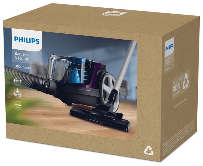 Bodenstaubsauger Beutellos 900 W HEPA (Schwarz, Blau, Grau, Violett) FC9333/09 PowerPro Compact 