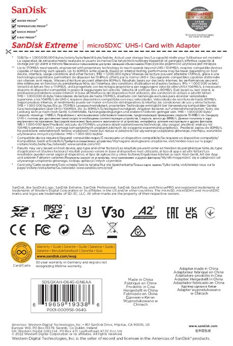 MicroSDXC Speicherkarte 64 GB Class 3 (U3) Klasse 10 Extreme A2 